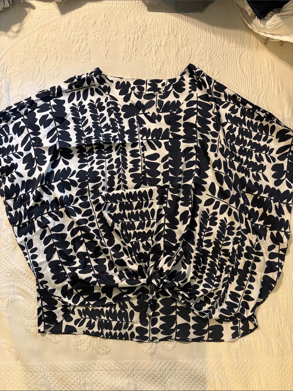 Knot-Front Navy & White Printed Blouse